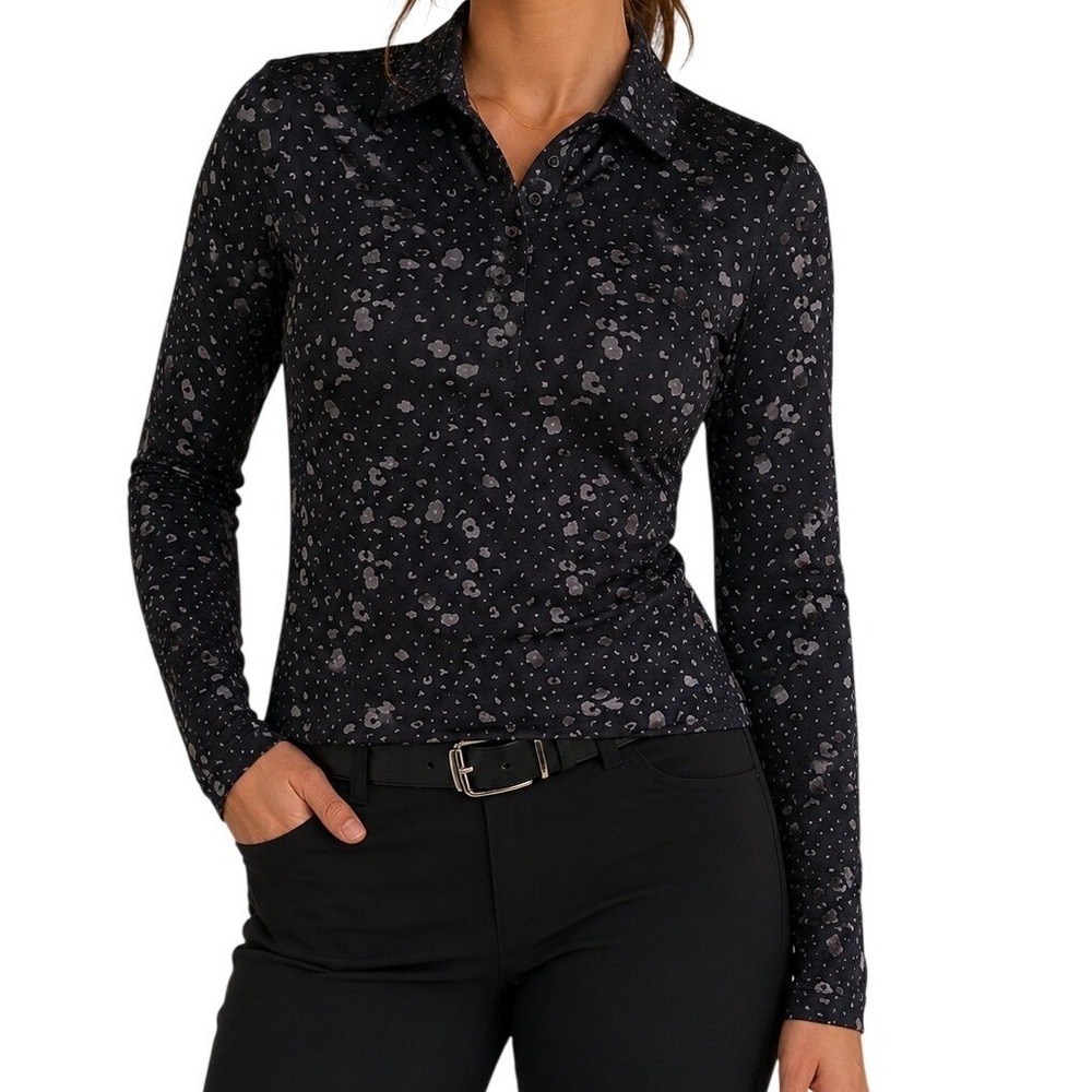 Chervo Grey Black Long Animal Print Sleeve Polo Shirt Women's 42 36 38